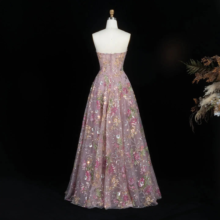 Luxury Pink Floral Glitter Evening Dress with Sparkling Embellishments SS460