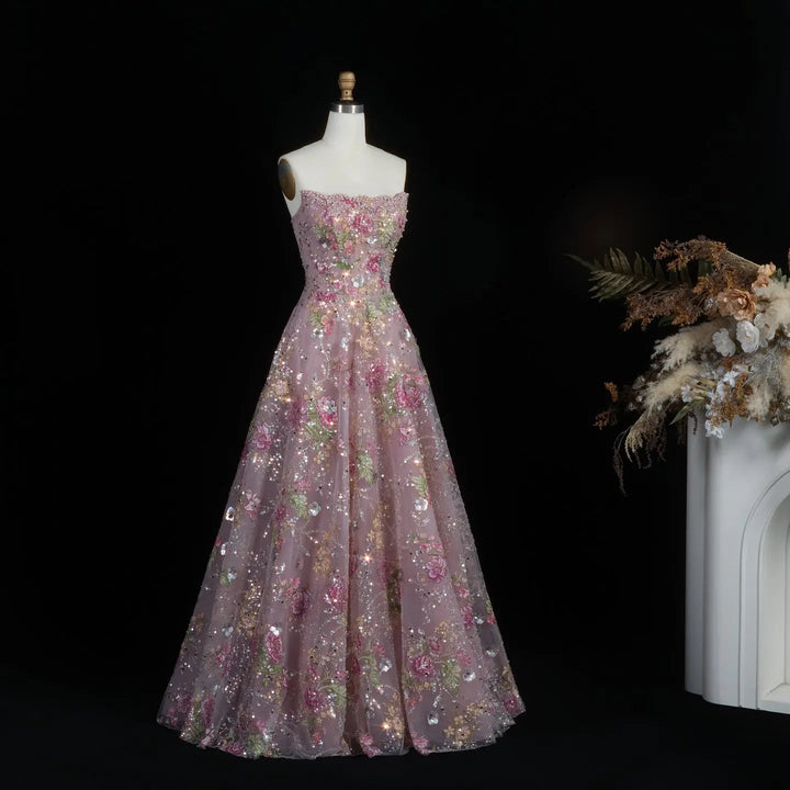 Luxury Pink Floral Glitter Evening Dress with Sparkling Embellishments SS460