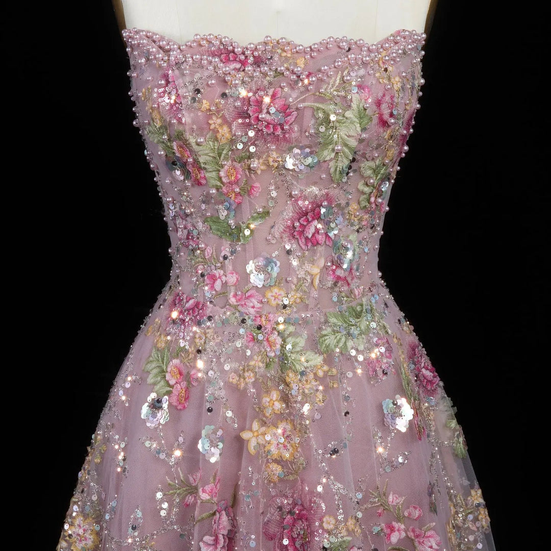 Luxury Pink Floral Glitter Evening Dress with Sparkling Embellishments SS460