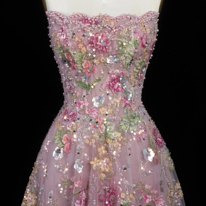 Luxury Pink Floral Glitter Evening Dress with Sparkling Embellishments SS460