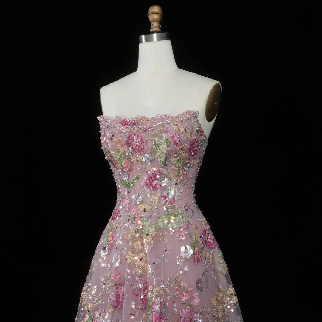 Luxury Pink Floral Glitter Evening Dress with Sparkling Embellishments SS460