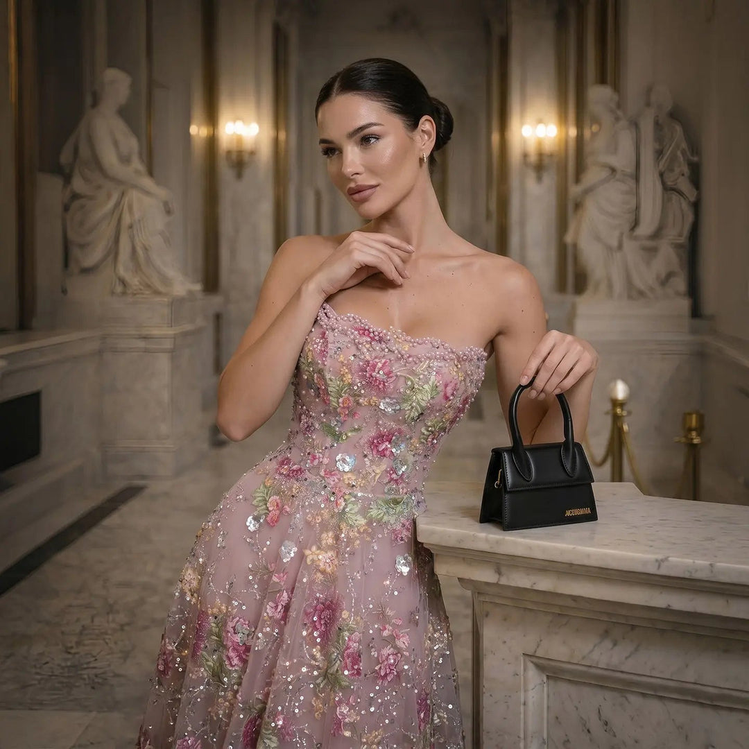 Luxury Pink Floral Glitter Evening Dress with Sparkling Embellishments SS460