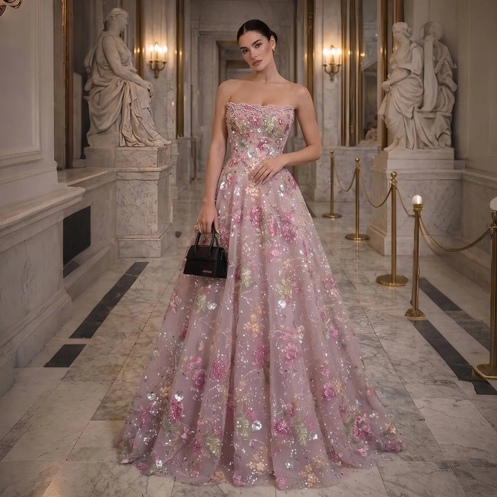 Luxury Pink Floral Glitter Evening Dress with Sparkling Embellishments SS460