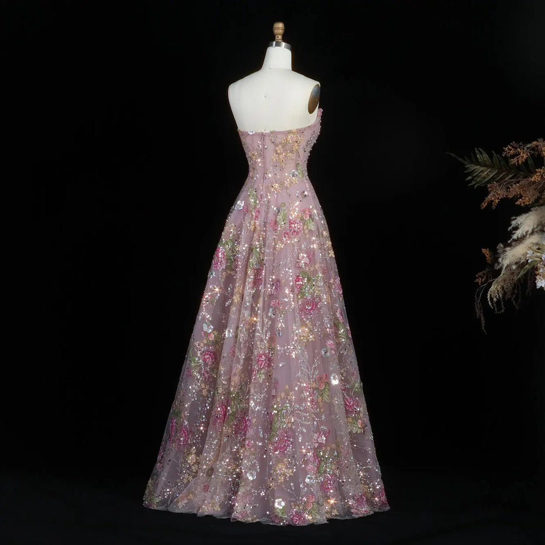 Luxury Pink Floral Glitter Evening Dress with Sparkling Embellishments SS460
