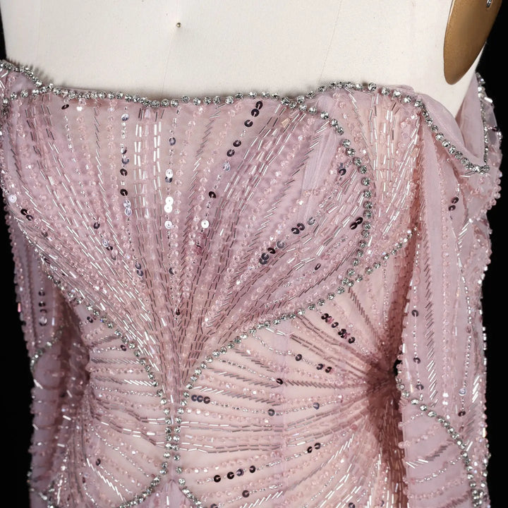 Luxury Beige Crystal Beaded Off Shoulder Evening Dress with Long Sleeves SS507