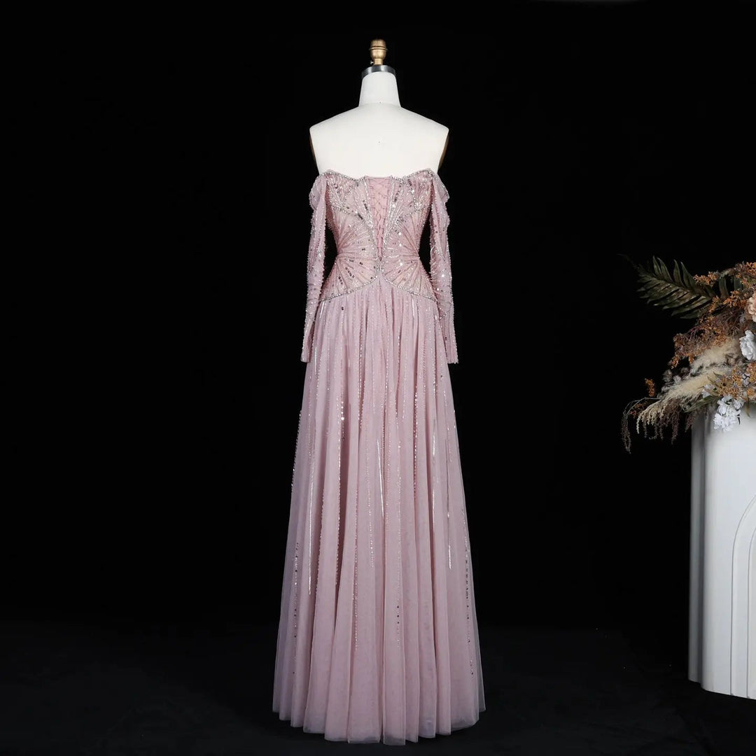 Luxury Beige Crystal Beaded Off Shoulder Evening Dress with Long Sleeves SS507
