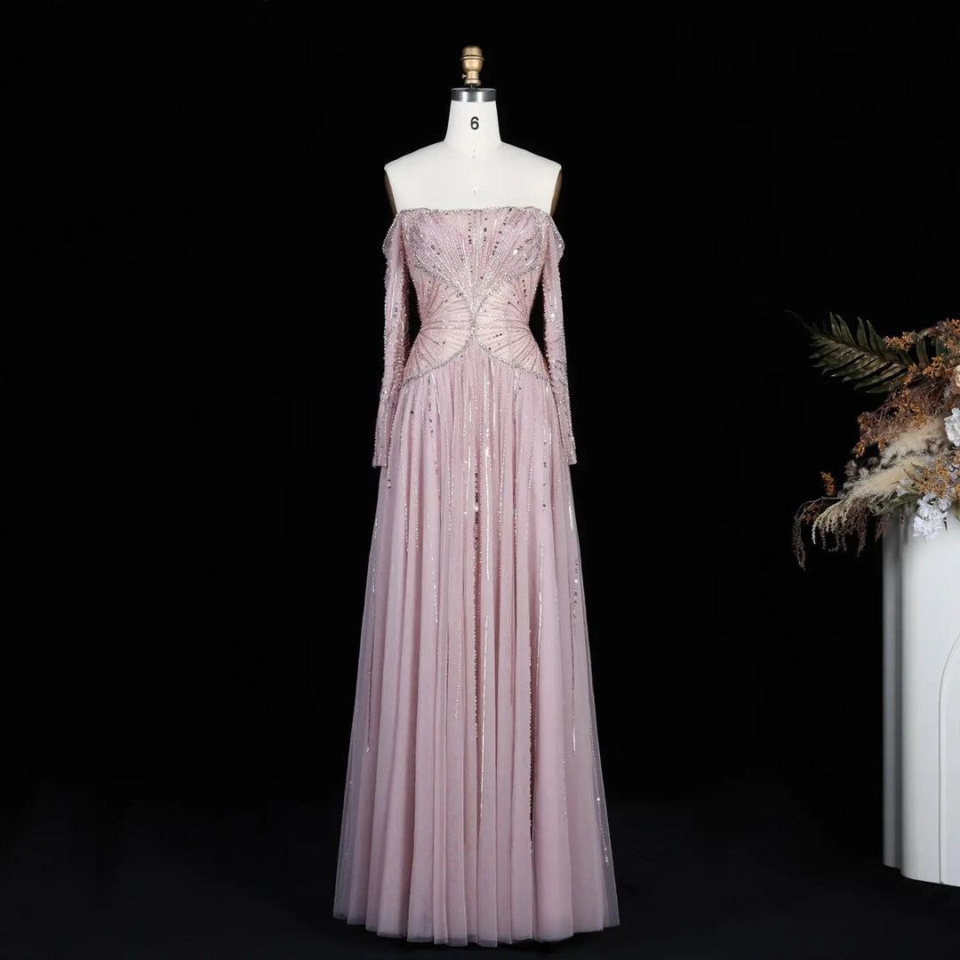 Luxury Beige Crystal Beaded Off Shoulder Evening Dress with Long Sleeves SS507