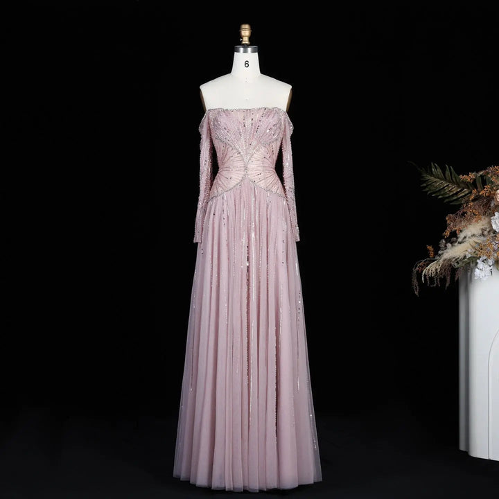 Luxury Beige Crystal Beaded Off Shoulder Evening Dress with Long Sleeves SS507