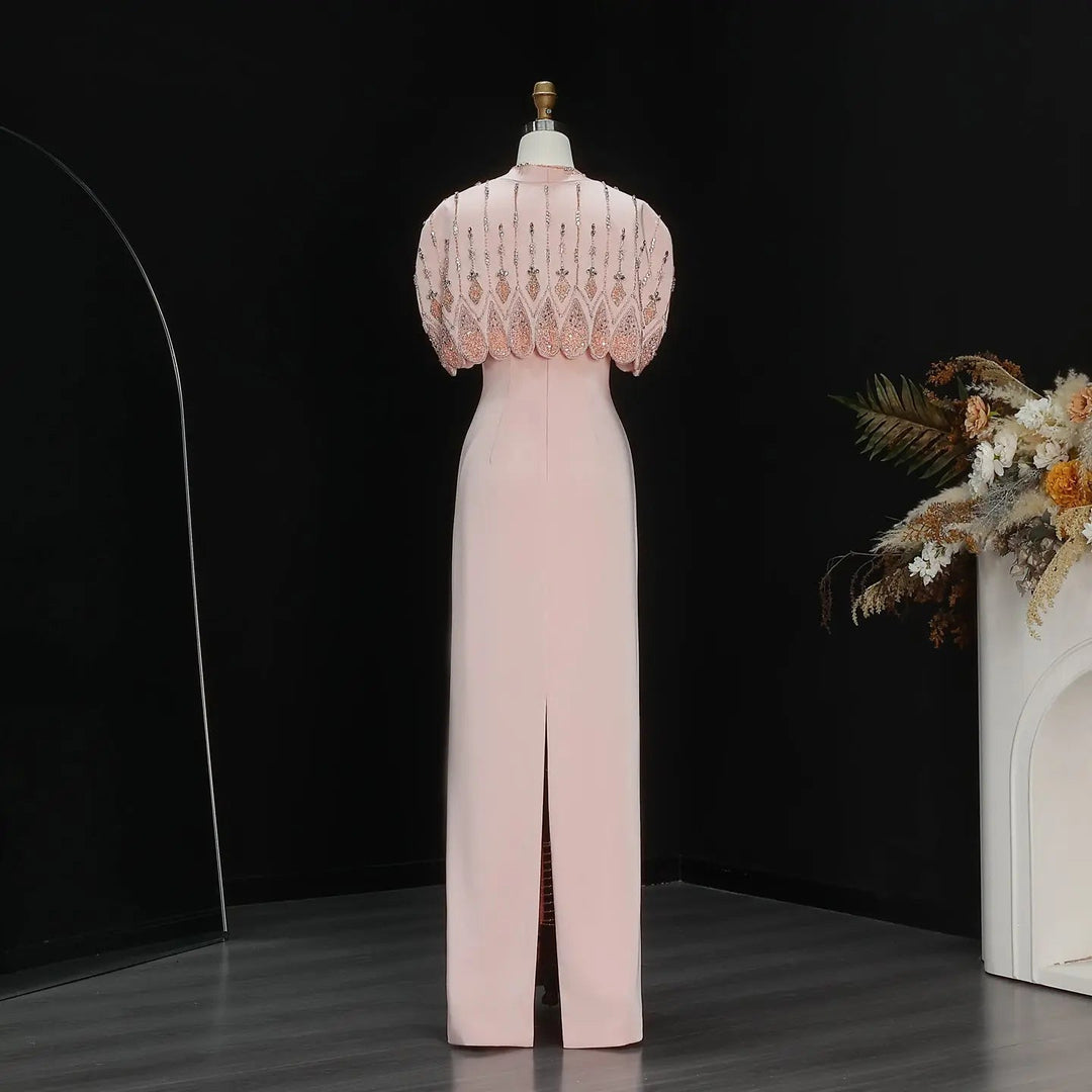 Luxury Pink Evening Dress with Sparkly Crystal Shoulder Cape SS302