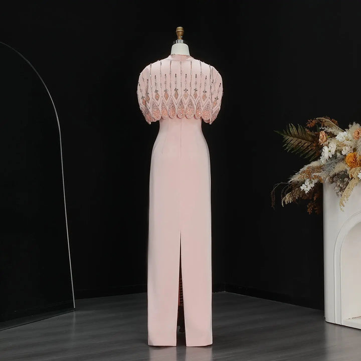 Luxury Pink Evening Dress with Sparkly Crystal Shoulder Cape SS302