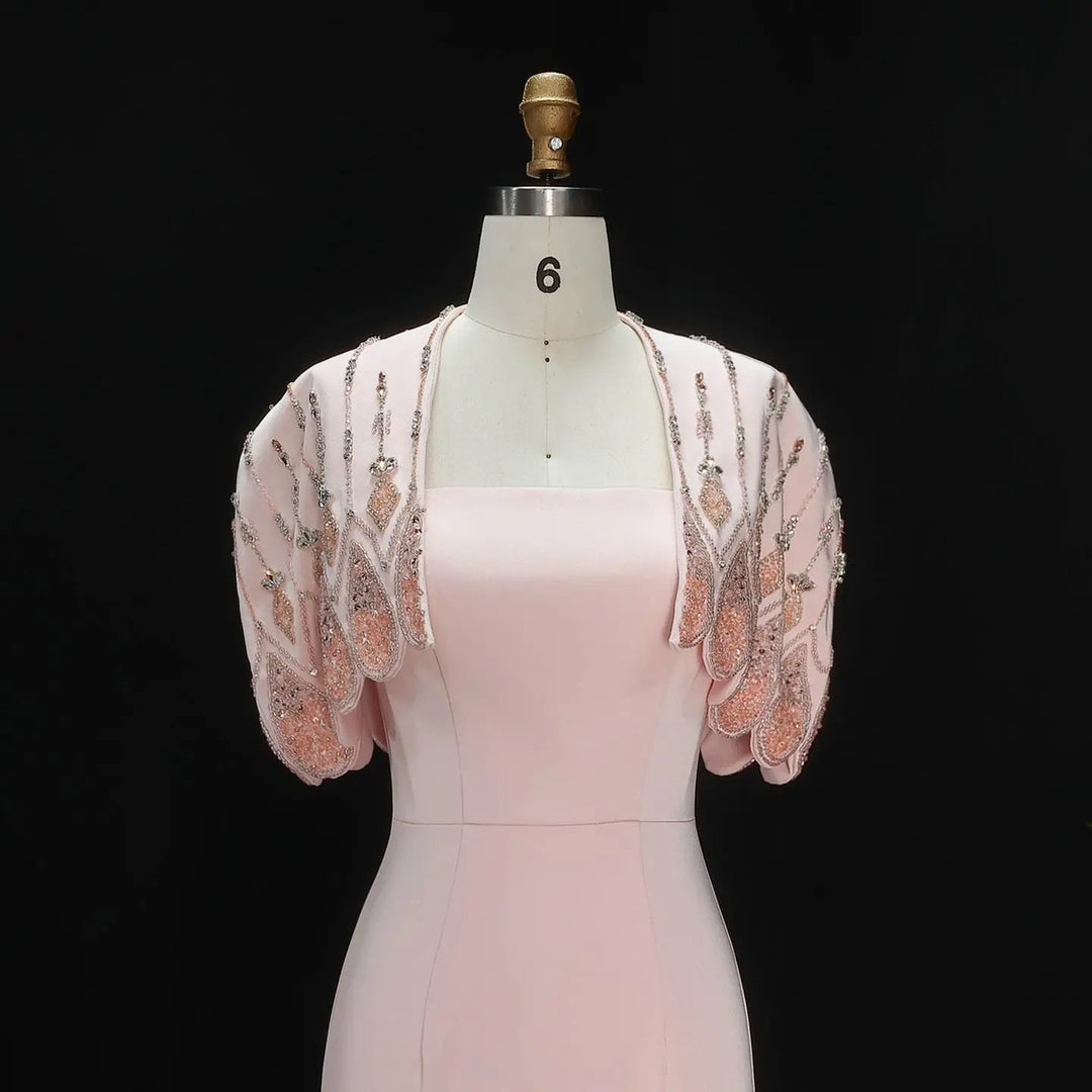 Luxury Pink Evening Dress with Sparkly Crystal Shoulder Cape SS302