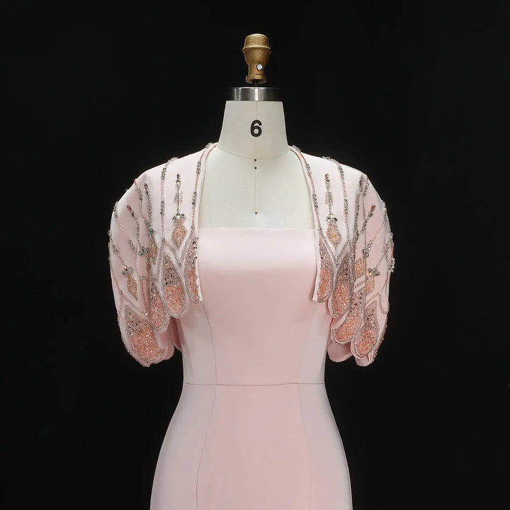 Luxury Pink Evening Dress with Sparkly Crystal Shoulder Cape SS302