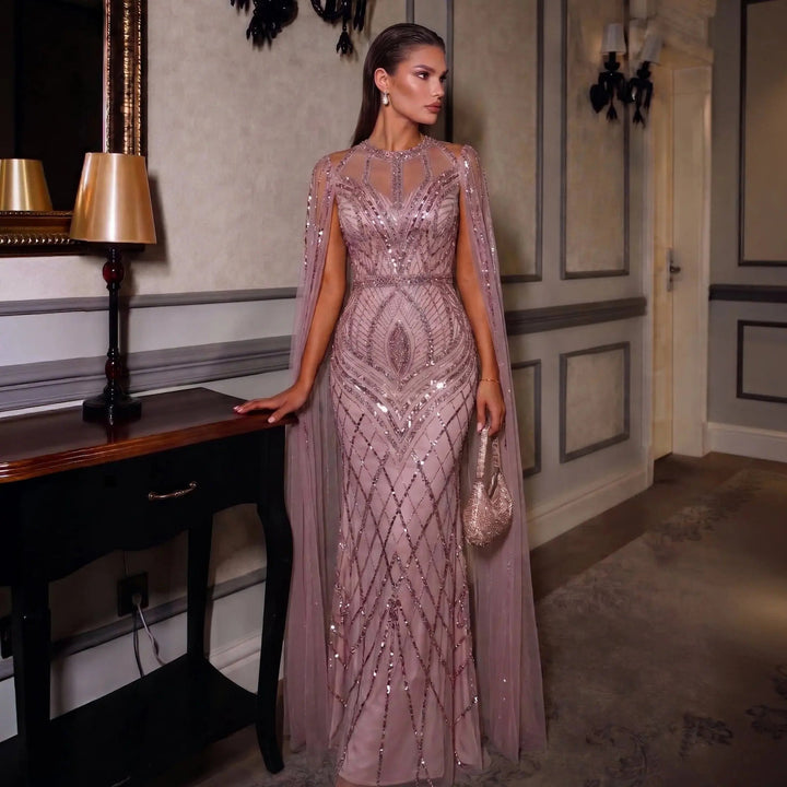 Elegant Pink Evening Gown Beads with sheer cape sleeves SS126