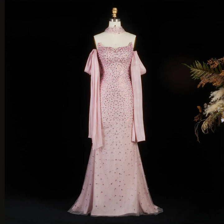 Elegant Pink Crystal Beaded Evening Dress with Sheer Wrap SS382