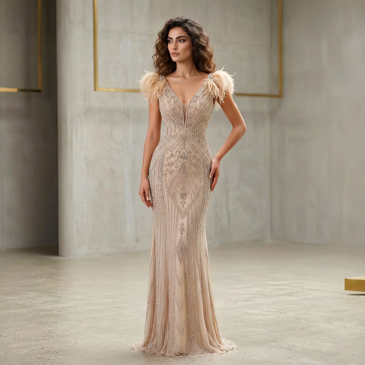 Luxury Champagne Feather Evening Dress with Crystal Beading SS122