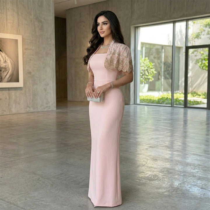 Luxury Pink Evening Dress with Sparkly Crystal Shoulder Cape SS302