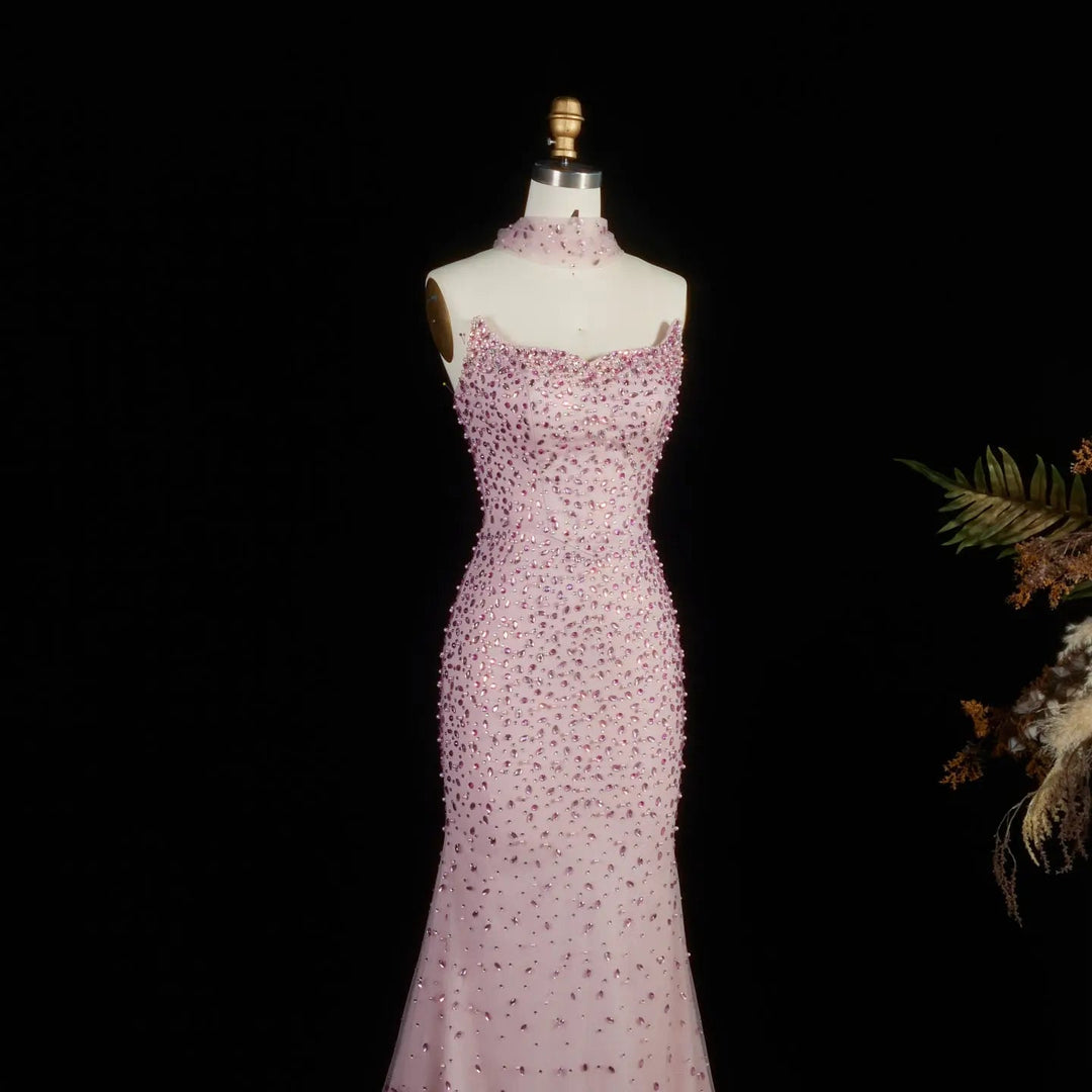 Elegant Pink Crystal Beaded Evening Dress with Sheer Wrap SS382