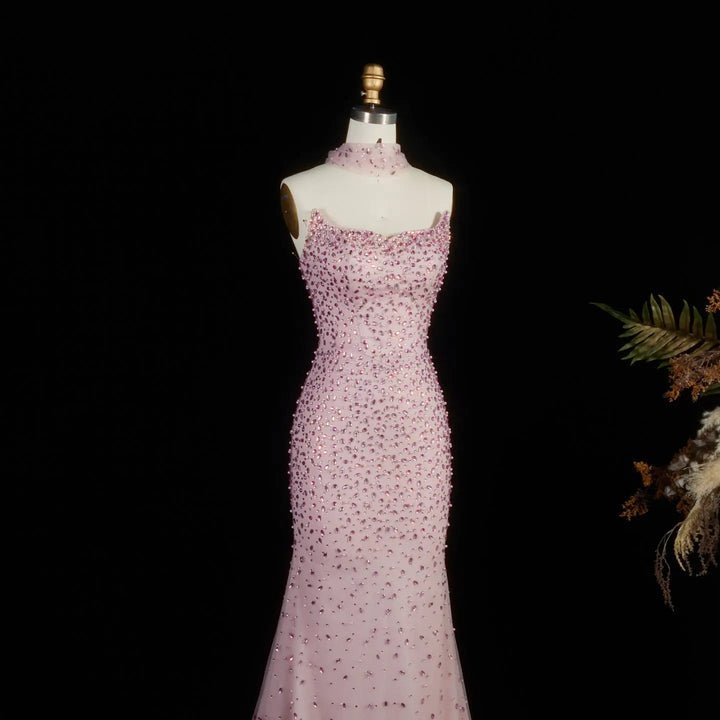 Elegant Pink Crystal Beaded Evening Dress with Sheer Wrap SS382