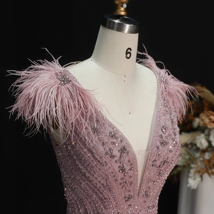 Luxury Champagne Feather Evening Dress with Crystal Beading SS122