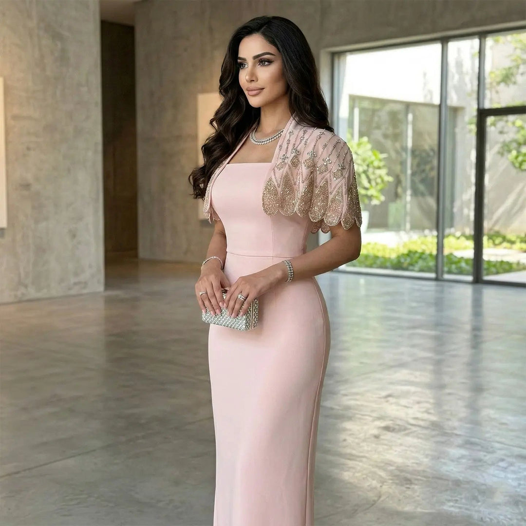 Luxury Pink Evening Dress with Sparkly Crystal Shoulder Cape SS302