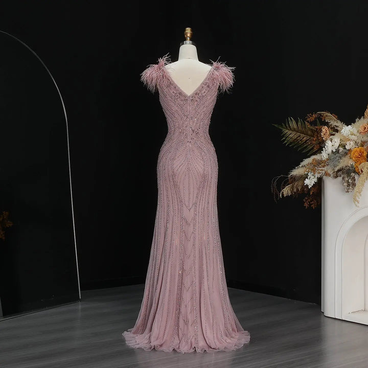 Luxury Champagne Feather Evening Dress with Crystal Beading SS122