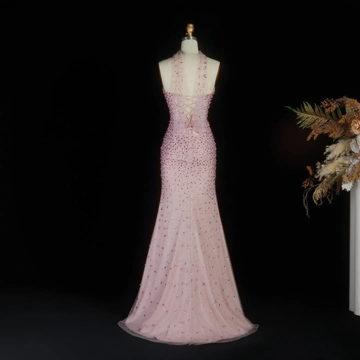 Elegant Pink Crystal Beaded Evening Dress with Sheer Wrap SS382
