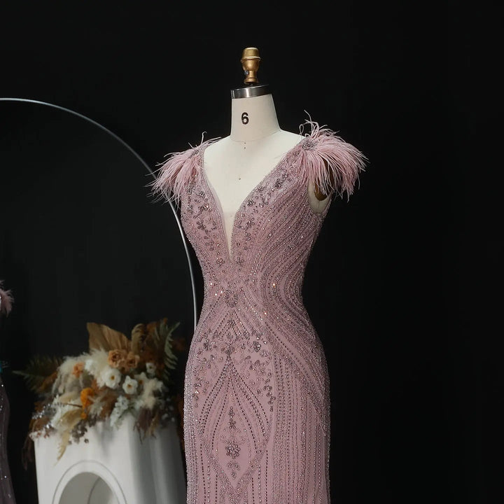 Luxury Champagne Feather Evening Dress with Crystal Beading SS122