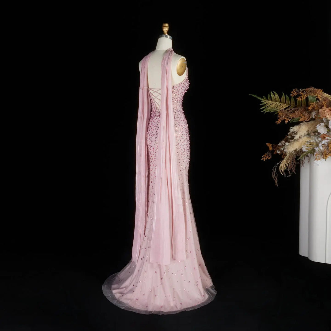 Elegant Pink Crystal Beaded Evening Dress with Sheer Wrap SS382