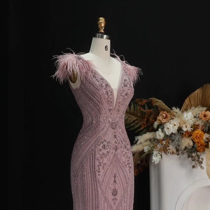 Luxury Champagne Feather Evening Dress with Crystal Beading SS122