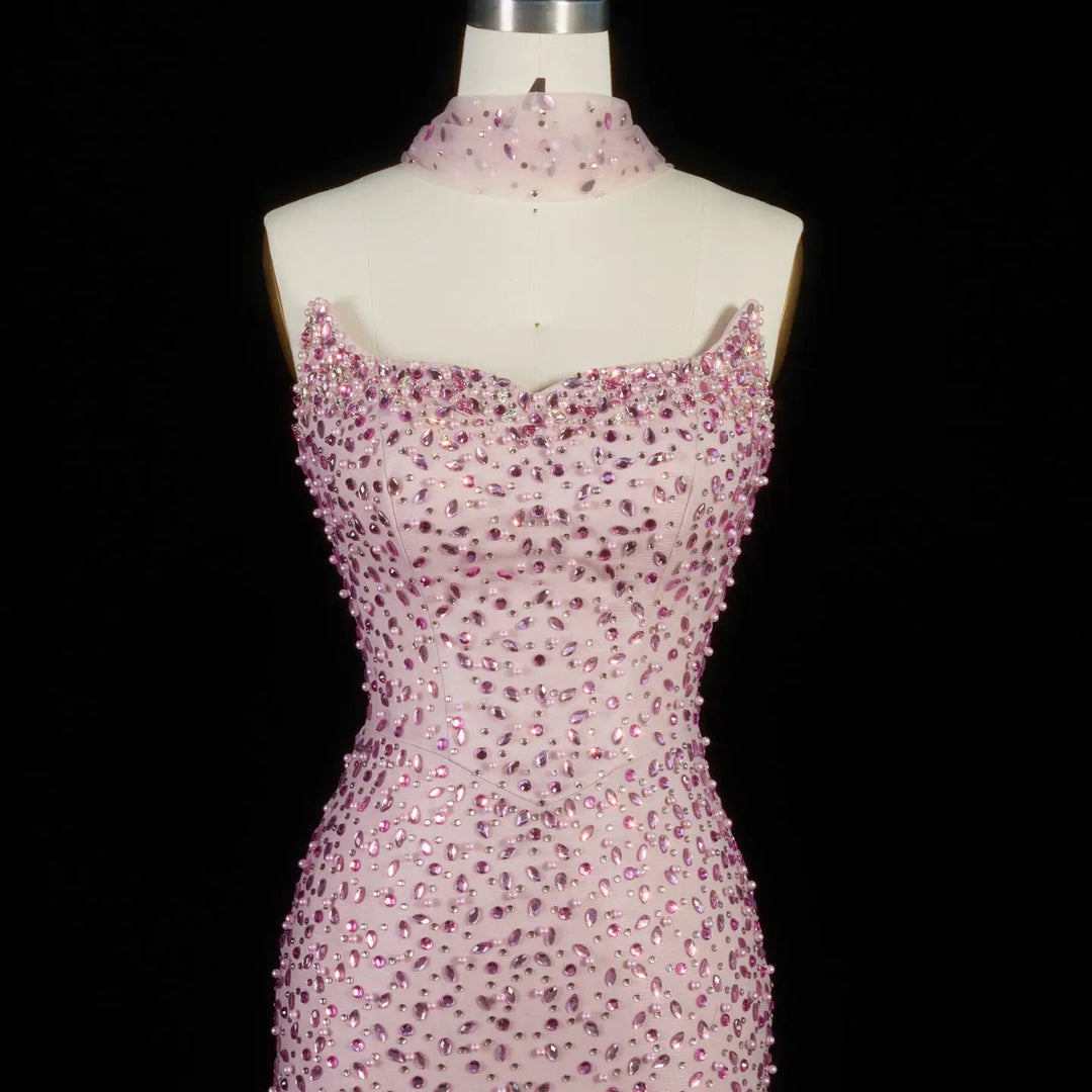 Elegant Pink Crystal Beaded Evening Dress with Sheer Wrap SS382