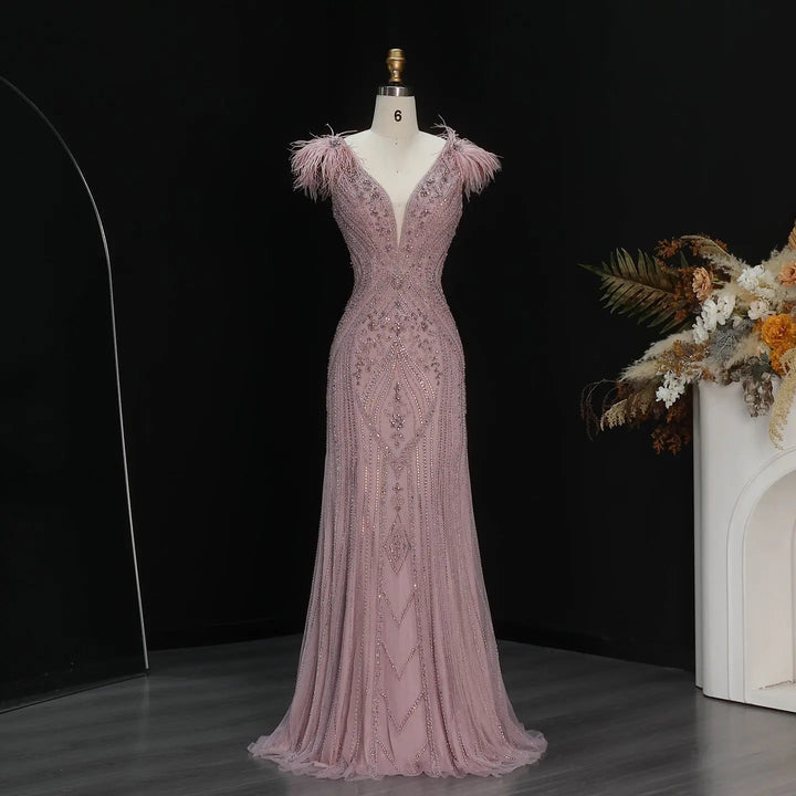 Luxury Champagne Feather Evening Dress with Crystal Beading SS122