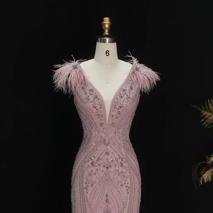 Luxury Champagne Feather Evening Dress with Crystal Beading SS122