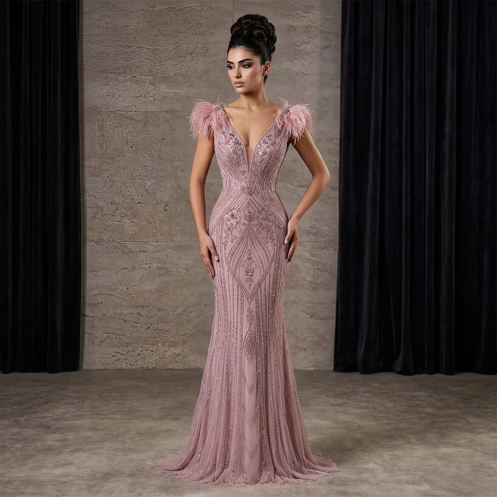 Luxury Champagne Feather Evening Dress with Crystal Beading SS122