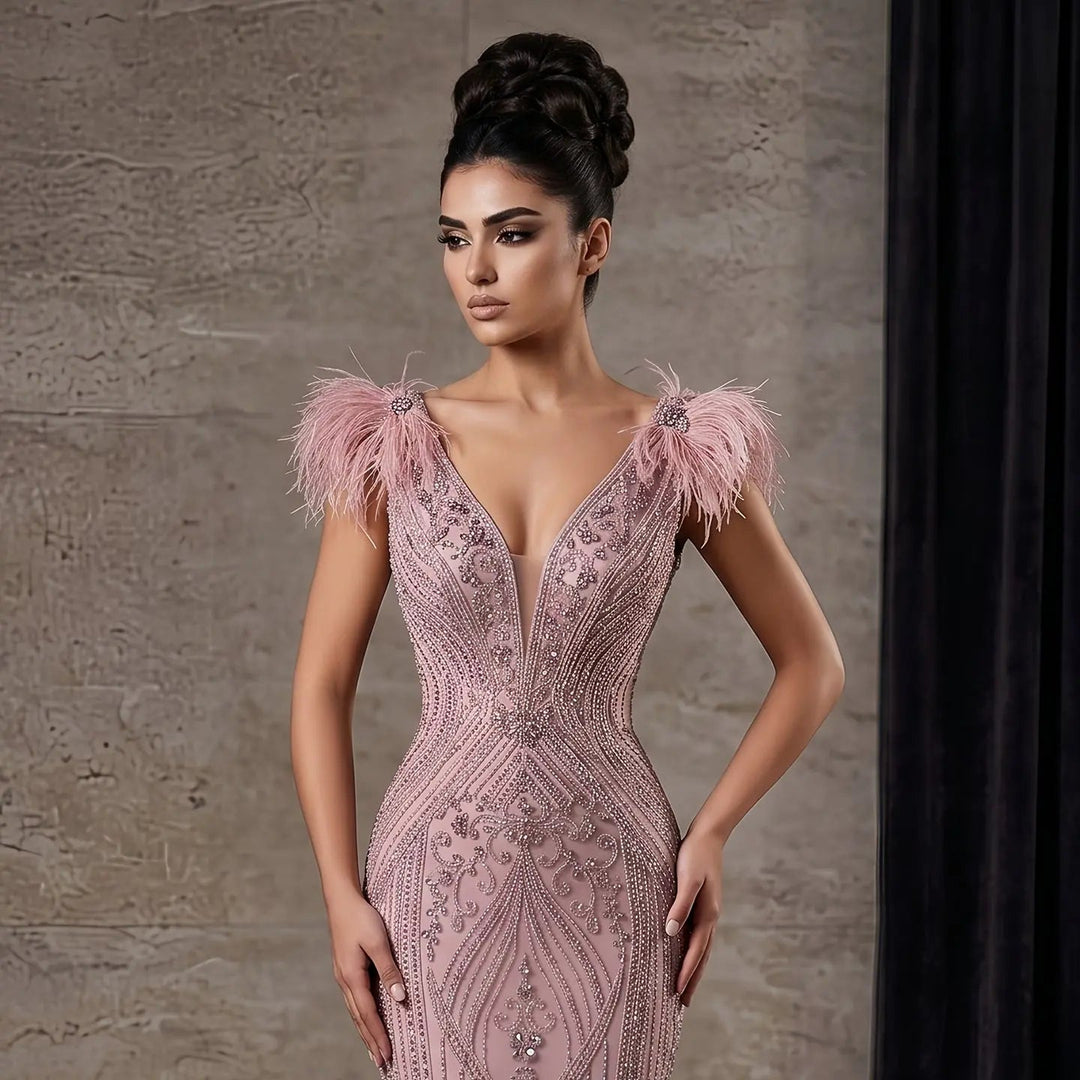 Luxury Champagne Feather Evening Dress with Crystal Beading SS122