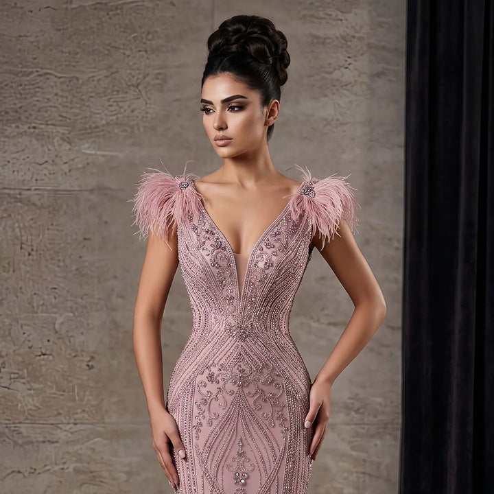 Luxury Champagne Feather Evening Dress with Crystal Beading SS122