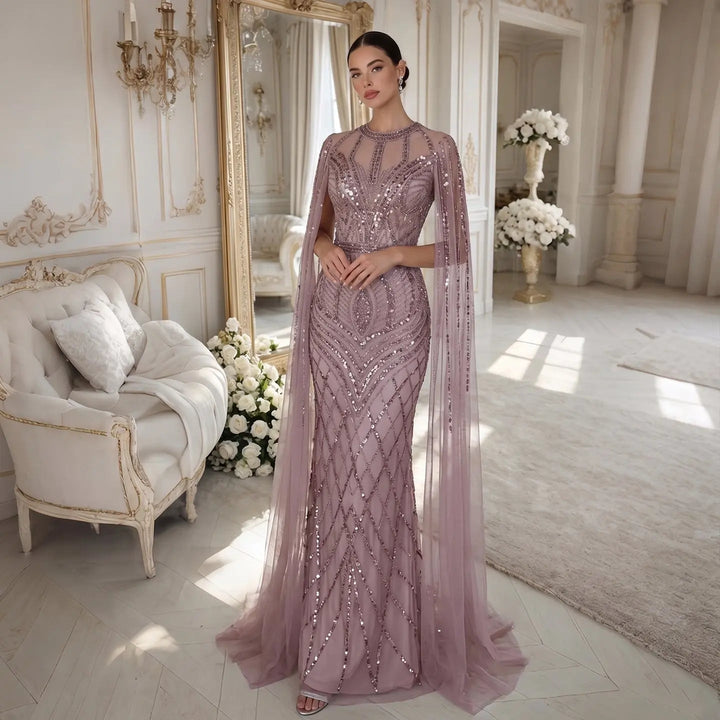 Elegant Pink Evening Gown Beads with sheer cape sleeves SS126