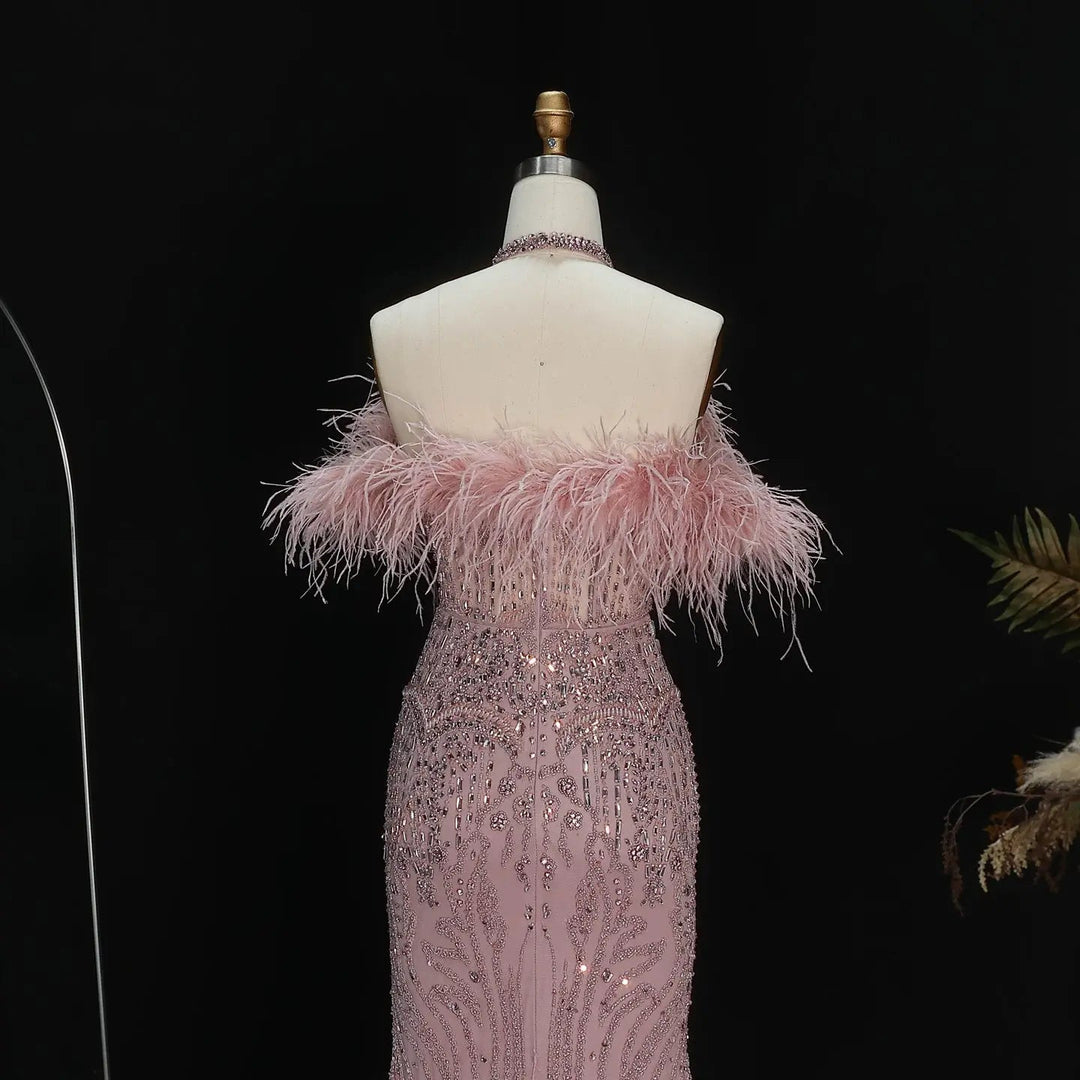 Romantic Feathered Evening Gown with Beaded Bodice Halter Neckline SS124