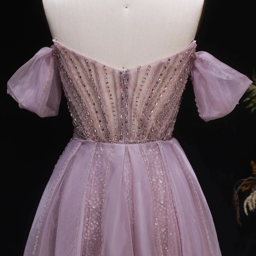 Luxury Pink Crystal Off-Shoulder Evening Dress With Overskirt SS120