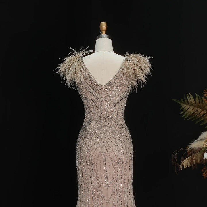 Luxury Champagne Feather Evening Dress with Crystal Beading SS122