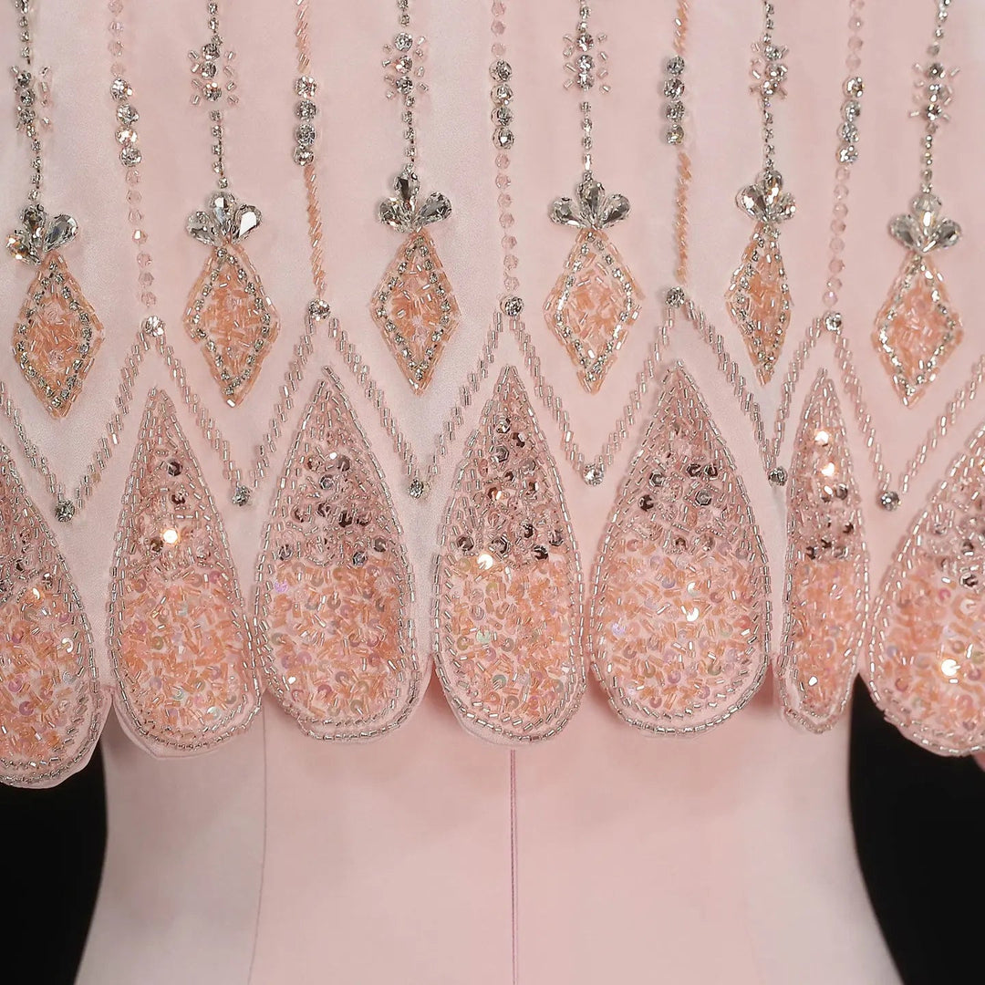 Luxury Pink Evening Dress with Sparkly Crystal Shoulder Cape SS302