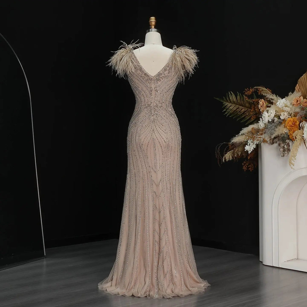 Luxury Champagne Feather Evening Dress with Crystal Beading SS122