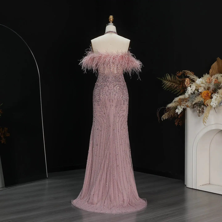 Romantic Feathered Evening Gown with Beaded Bodice Halter Neckline SS124