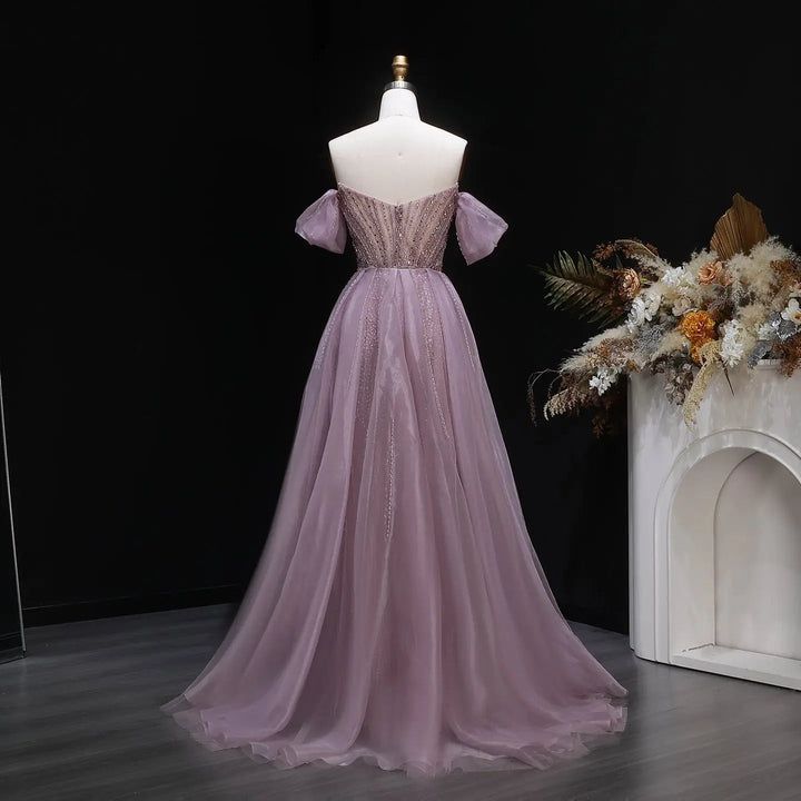 Luxury Pink Crystal Off-Shoulder Evening Dress With Overskirt SS120