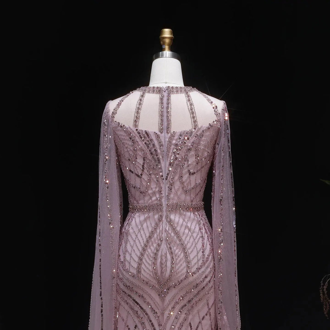Elegant Pink Evening Gown Beads with sheer cape sleeves SS126