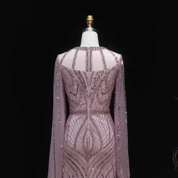 Elegant Pink Evening Gown Beads with sheer cape sleeves SS126