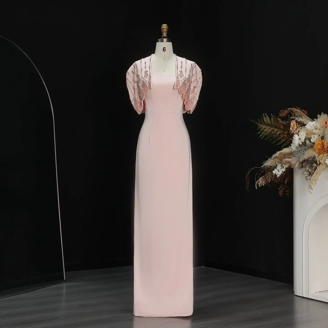 Luxury Pink Evening Dress with Sparkly Crystal Shoulder Cape SS302