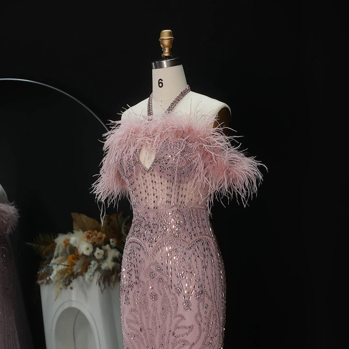 Romantic Feathered Evening Gown with Beaded Bodice Halter Neckline SS124