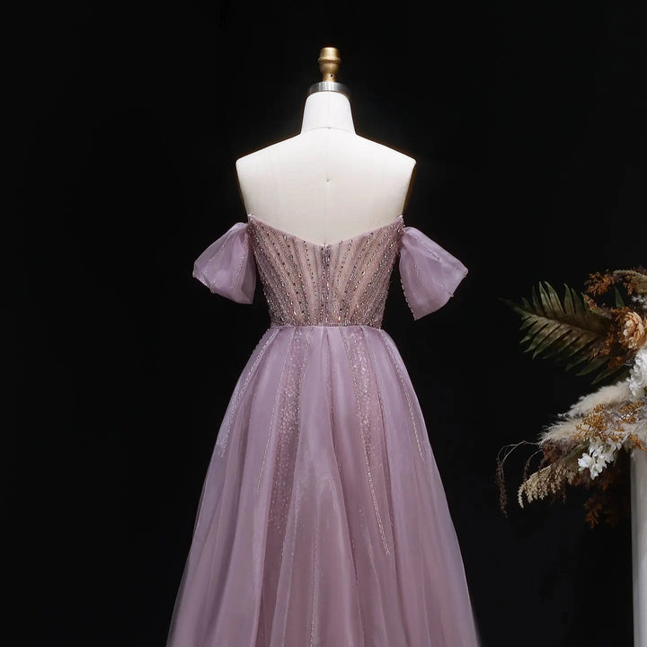 Luxury Pink Crystal Off-Shoulder Evening Dress With Overskirt SS120