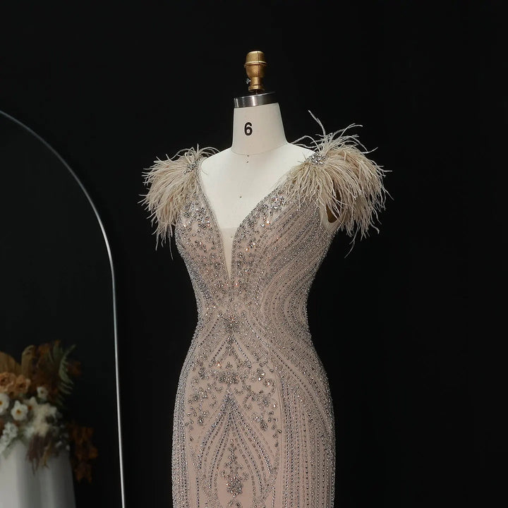 Luxury Champagne Feather Evening Dress with Crystal Beading SS122