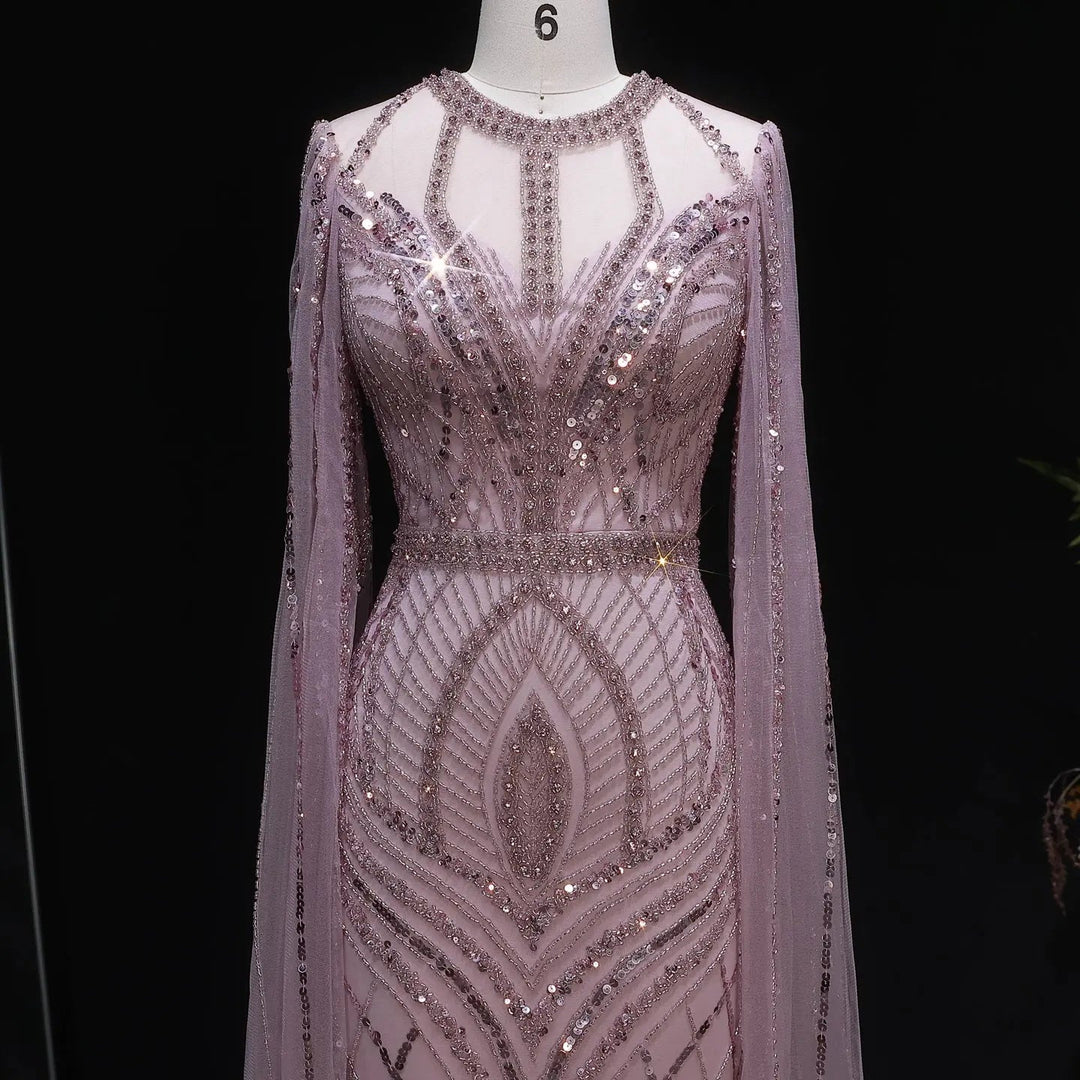 Elegant Pink Evening Gown Beads with sheer cape sleeves SS126